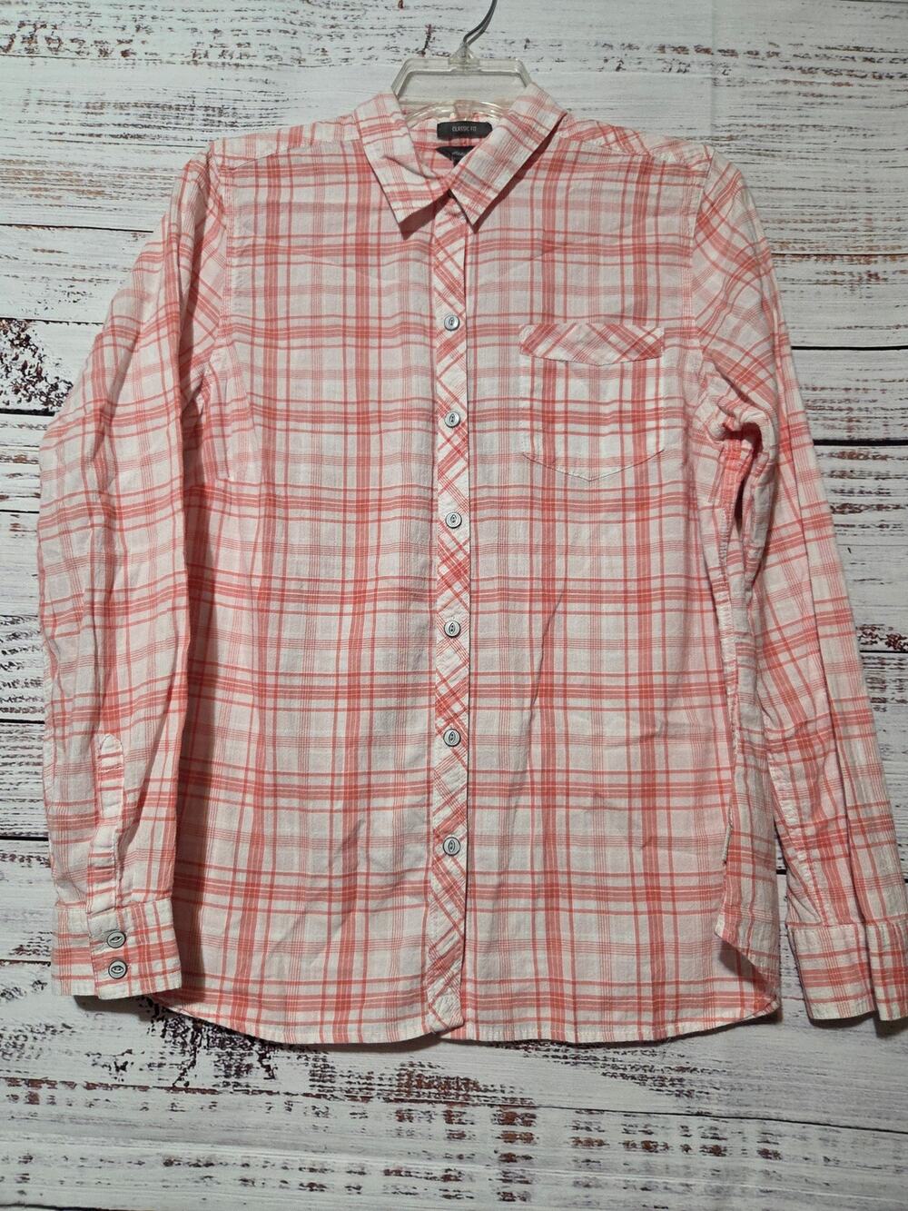 Eddie Bauer Shirt Ladies Medium Coral Button Front Long Sleeve